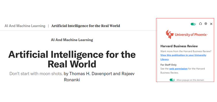 University of Phoenix using the Lean Library browser extension to provide researchers with guidance when they and on the AI Hub center