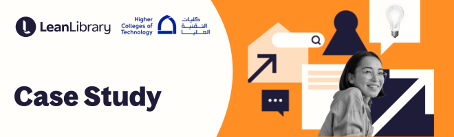 Text reads "Case study" with Lean Library and Higher Colleges of Technology logo. Illustrations shows female student with research icons e.g. arrows, search bar, lightbulb, reports