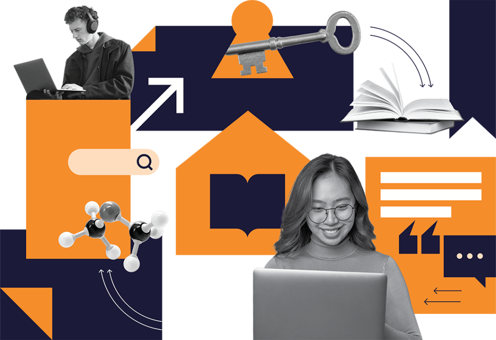 Student working on laptop and illustrations representing researching and accessing content