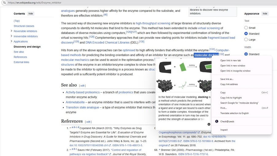 Screenshot of Check@Leeds which allows users to highlight a word or topic on any website and brings them to University of Leeds holdings