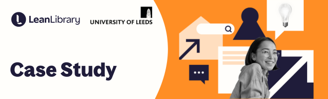 Text reads "Case study" with Leeds logo. Illustrations shows female student with research icons e.g. arrows, search bar, lightbulb, reports