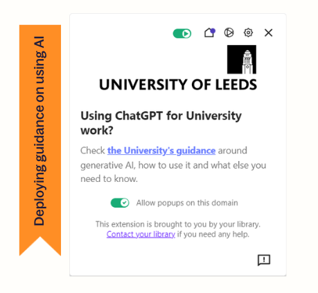 University of Leeds Assist Message which advises students on the University’s guidelines around Generative AI when they visit the ChatGPT website. 