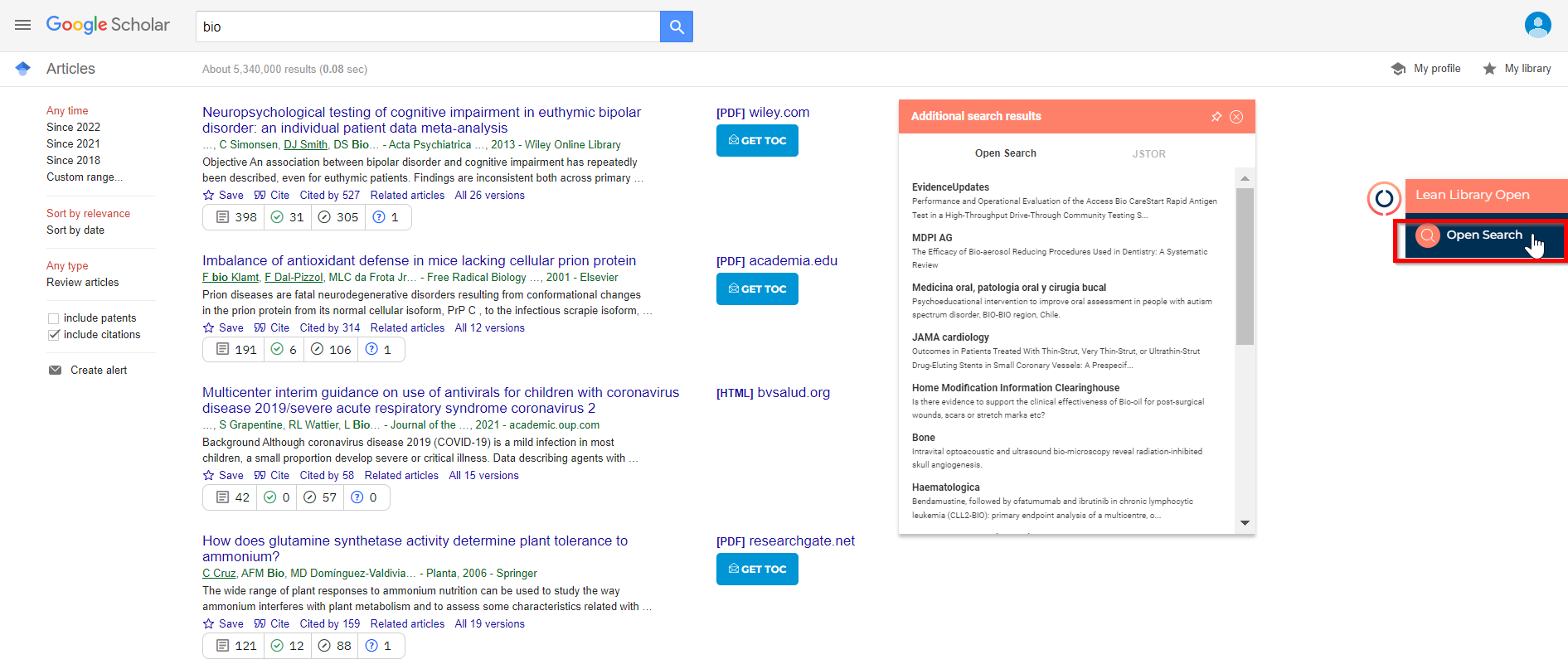 An example of Open Search whilst on Google Scholar